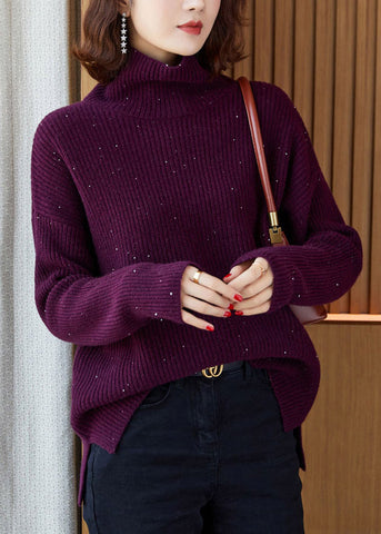 Italienische Lila Hign Neck Pailletten Strick Pullover Pullover Winter 