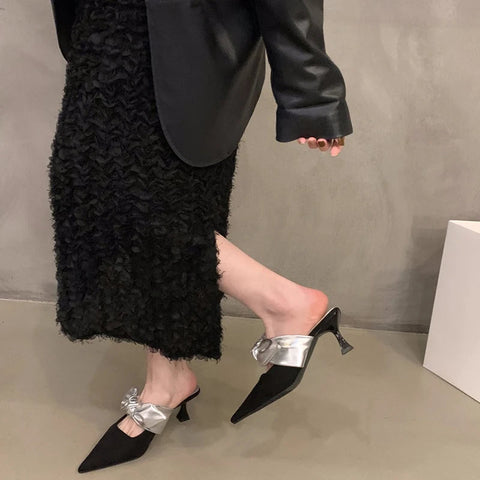 Zapatillas de verano estilo callejero con lazo para mujer, zapatos de mulas de punta puntiaguda a la moda, zapatos sexis para fiesta y graduación 