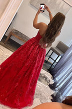 A-Linien-Trägerloses Rotes Langes Ballkleid