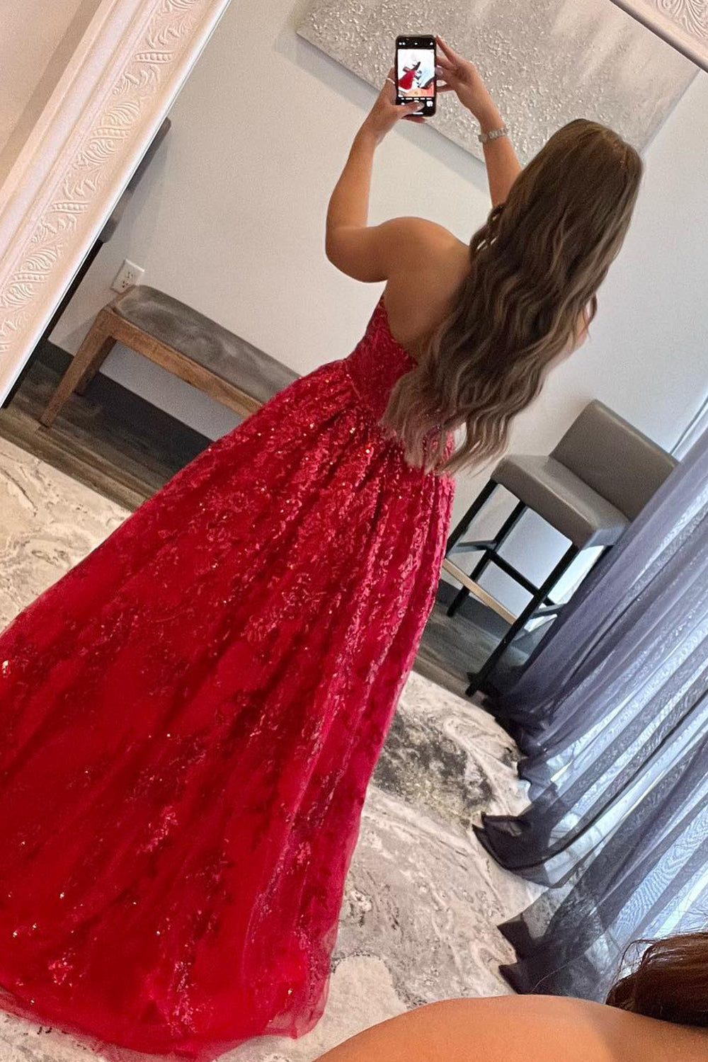 A-Linien-Trägerloses Rotes Langes Ballkleid