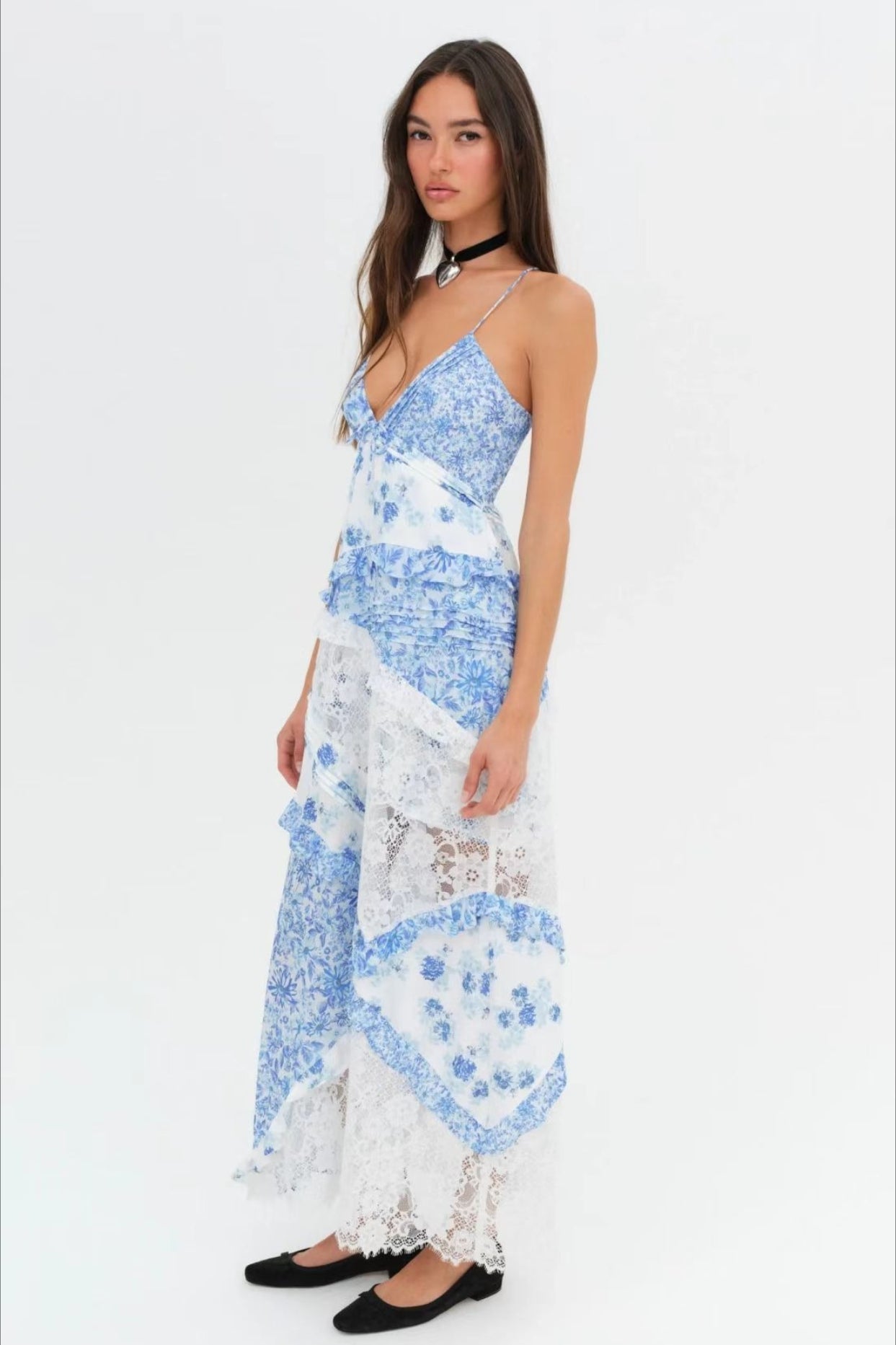 Deep V Ruffle Floral Lace Patchwork Cami Maxi Dress