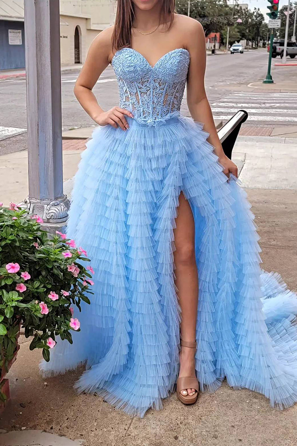 Gorgeous A Line Sweetheart Corset Pink Prom Dress with Appliques