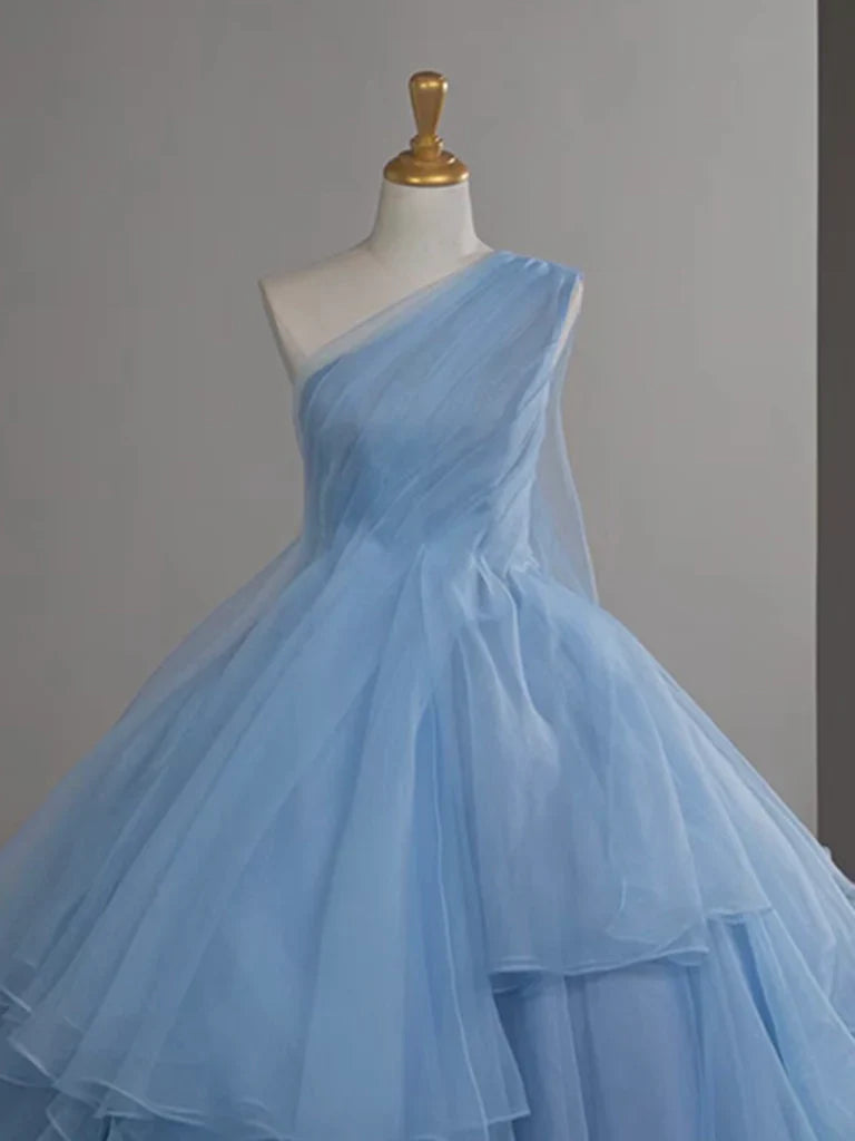 Ballkleid, schulterfrei, Tüll, blau, Rüschen, gestuft, langes Abendkleid