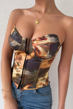 Sexy Color Block Backless Lace Up Boned Corset Blouse