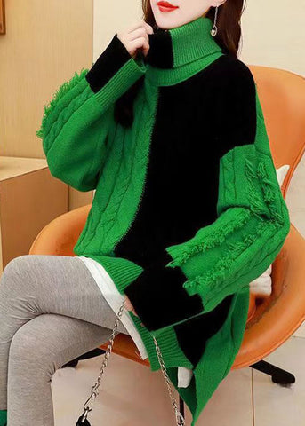 Italienische Grüne Hign Neck Dicken Patchwork Stricken Pullover 