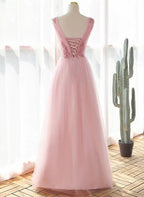 A-Linien-Prinzessinnenkleid aus rosa Tüll mit V-Ausschnitt und Spitze, langes Partykleid/Abendkleid