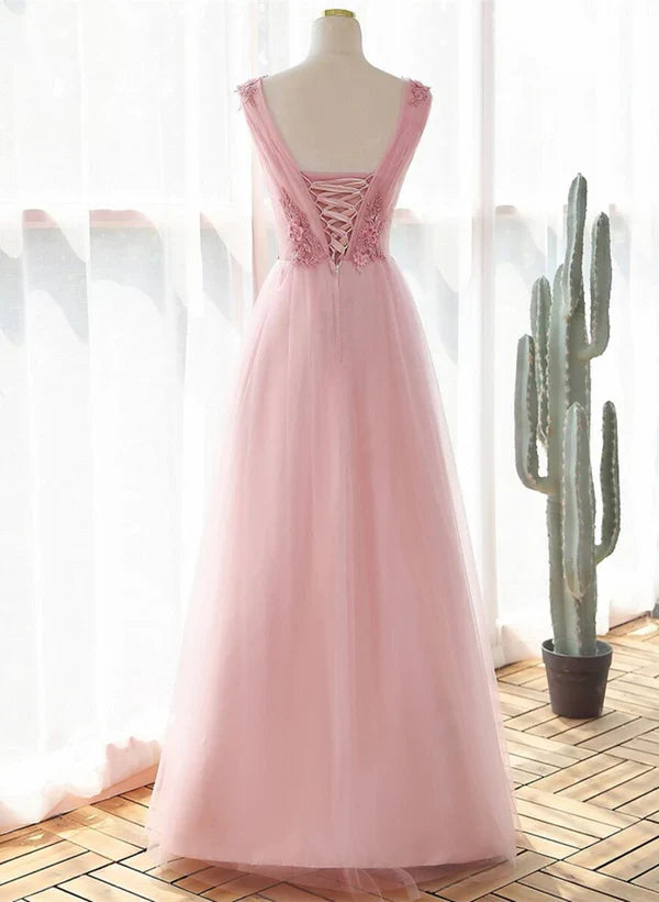 A-Linien-Prinzessinnenkleid aus rosa Tüll mit V-Ausschnitt und Spitze, langes Partykleid/Abendkleid