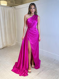 Meerjungfrauen-Abendkleid mit One-Shoulder-Schnitt, fuchsiafarben, lang