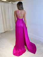 Meerjungfrauen-Abendkleid mit One-Shoulder-Schnitt, fuchsiafarben, lang