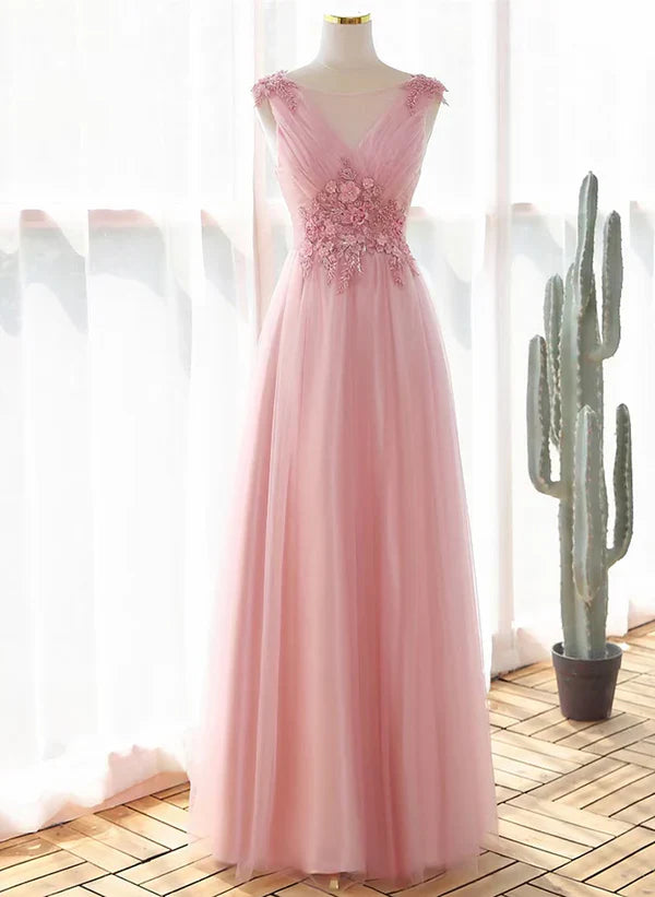 A-Linien-Prinzessinnenkleid aus rosa Tüll mit V-Ausschnitt und Spitze, langes Partykleid/Abendkleid
