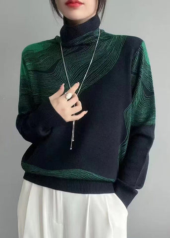 Französischer grauer Rollkragenpullover aus gestreifter Wolle mit langen Ärmeln 