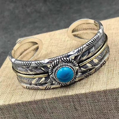 Sterling Silver Turquoise Feather Wide Cuff Bracelet