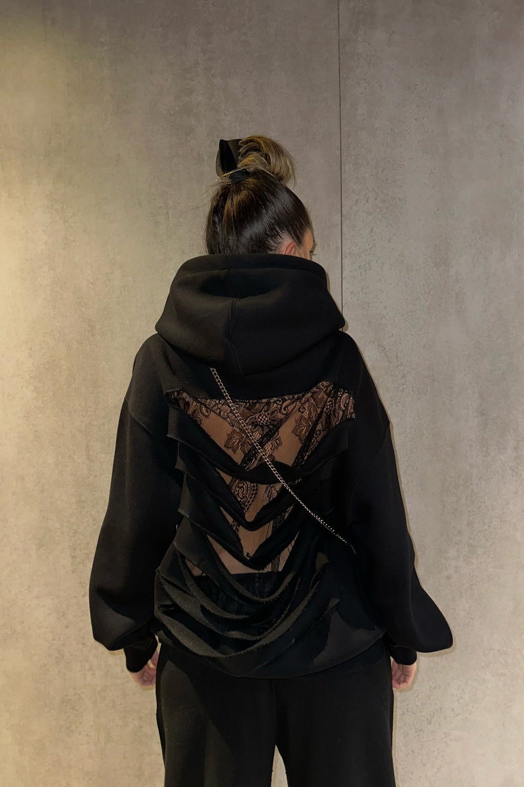 Lace Sheer Cutout Patchwork Hoodie