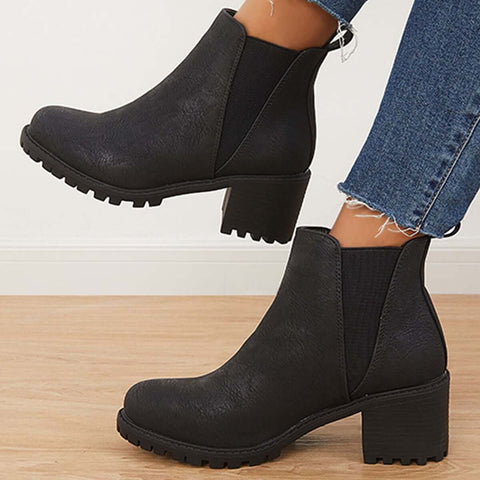 Chelsea-Stiefel aus Kunstleder mit Profilsohle, Schlupfstiefeletten mit dickem Absatz 