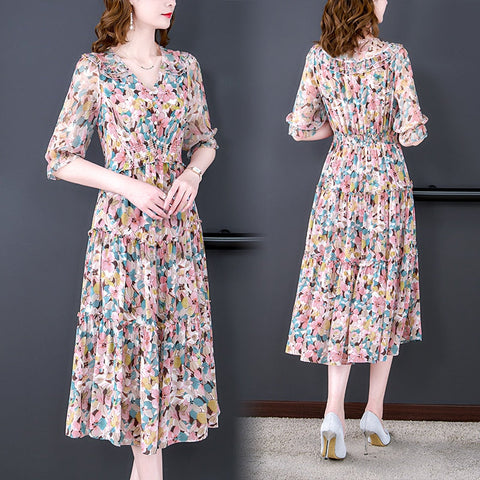 Vestido midi de seda natural con cuello en V y estampado floral de verano 