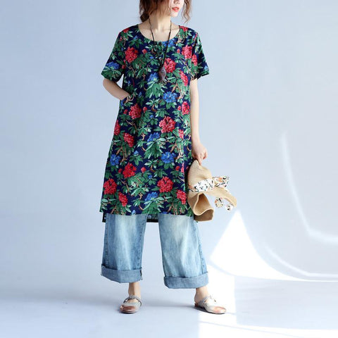 Vintage Loose Women Printing Button Pocket Dress