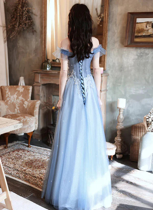 Vestido de noche largo azul con hombros descubiertos y encaje, corte A, vestido de fiesta largo
