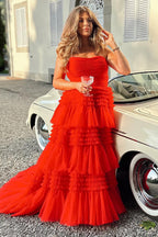 A-Line Strapless Tulle Long Prom Dress with Tiered Ruffles