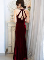 Wine Velvet Deep V-Neck Mermaid Beaded Long Party Dress Prom Dress