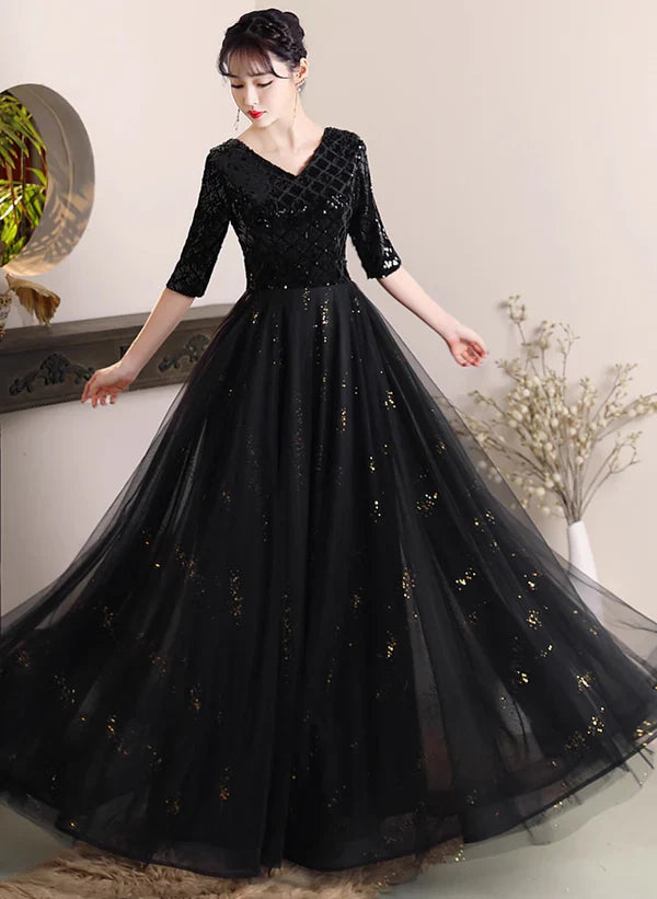 A-Linien V-Ausschnitt Pailletten und Tüll Langes Abendkleid Hochzeitsfeierkleid
