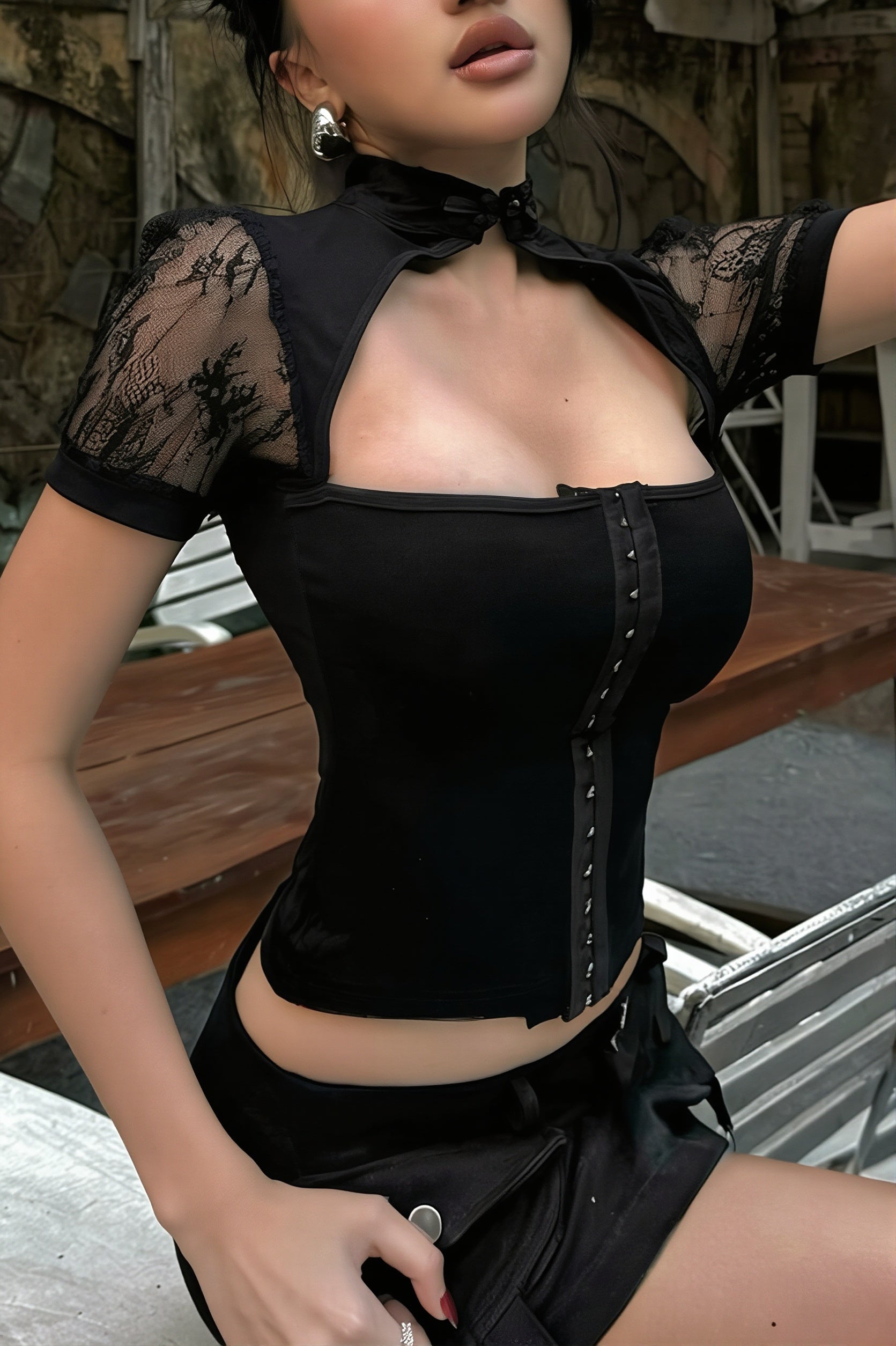 Lace Hollow Button Cropped Blouse
