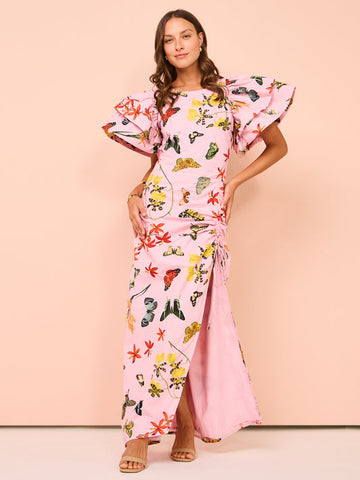 Vestido largo con abertura y cordón, mangas abullonadas y estampado de mariposas 