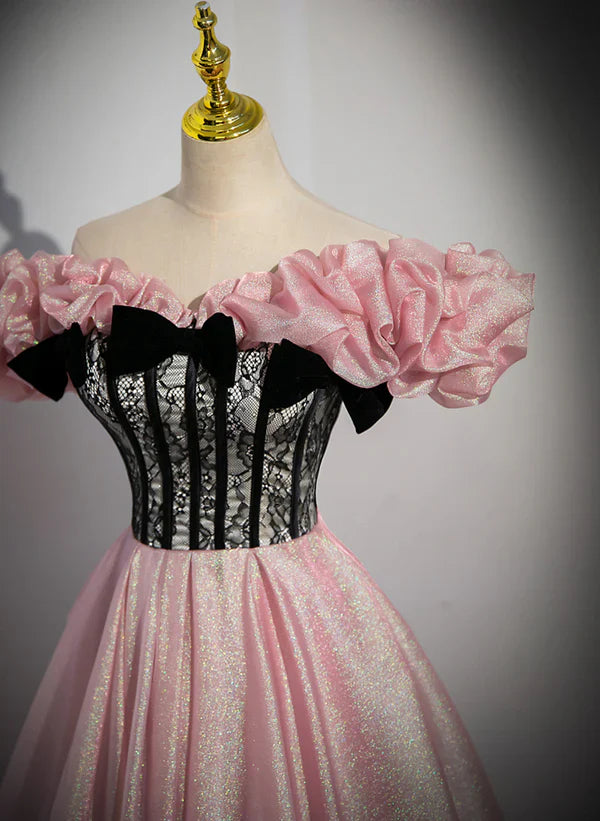 Elegant A-line Off Shoulder Long Evening Dress Pink with Black Lace Long Prom Dress