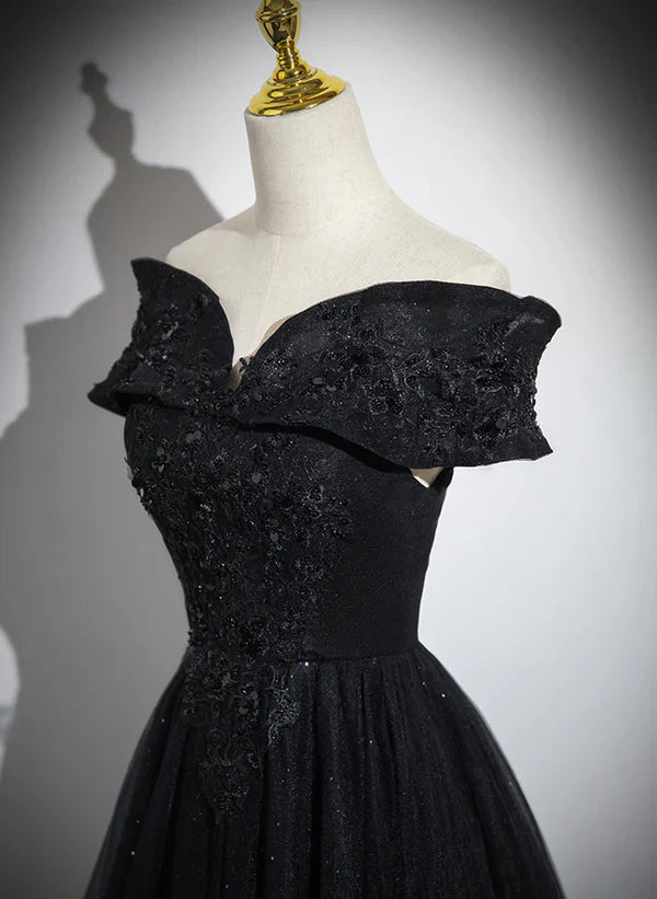 Glitter Off Shoulder A-line Tulle With Lace Party Dress Long Prom Dress