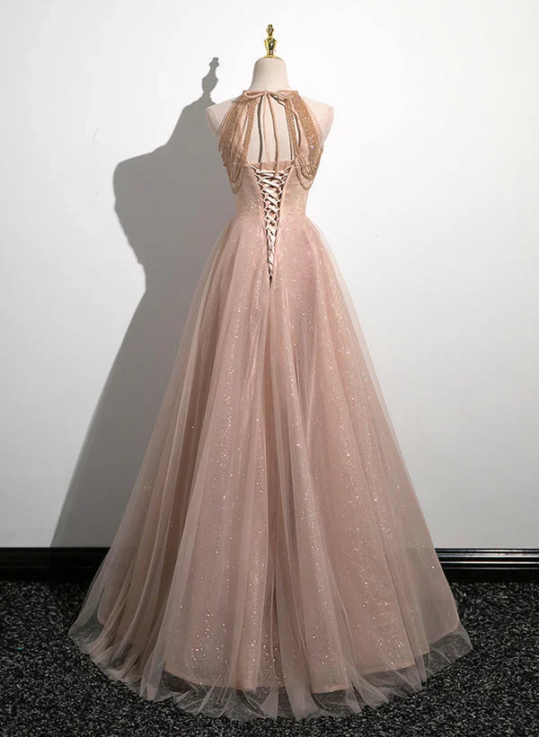 A-Line Princess Lovely Pearl Halter Tulle With Lace Applique Party Dress Tulle Long Prom Dress