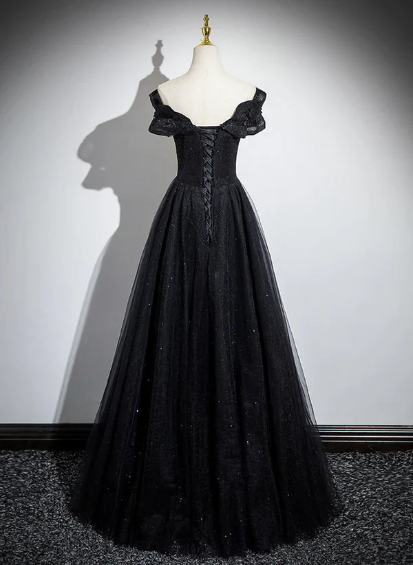 Glitter Off Shoulder A-line Tulle With Lace Party Dress Long Prom Dress