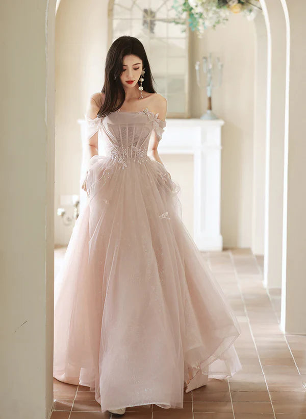 A-Linie Prinzessin schulterfrei Tüll langes formelles schulterfreies pinkes langes Ballkleid