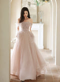 A-Linie Prinzessin schulterfrei Tüll langes formelles schulterfreies pinkes langes Ballkleid