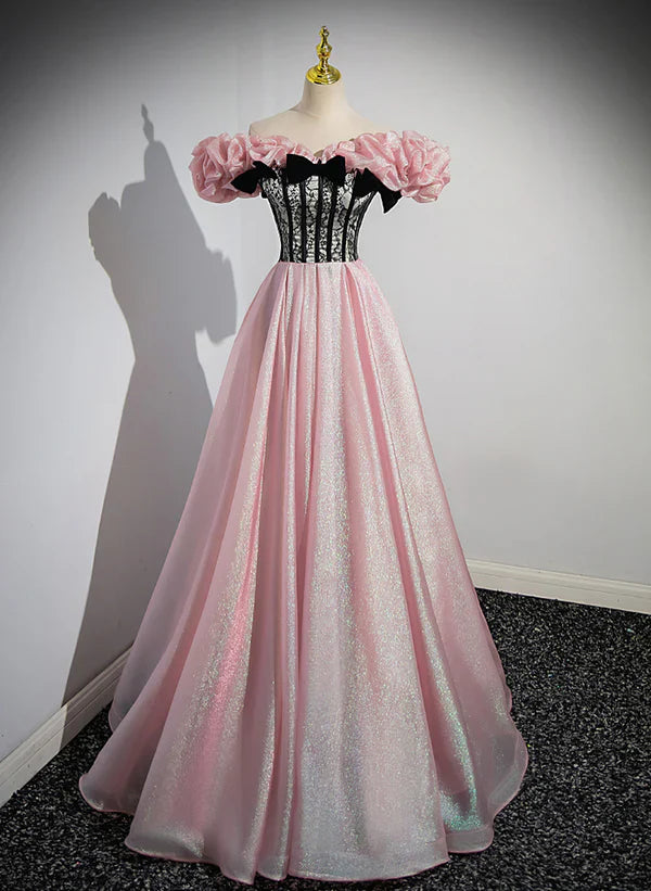 Elegant A-line Off Shoulder Long Evening Dress Pink with Black Lace Long Prom Dress