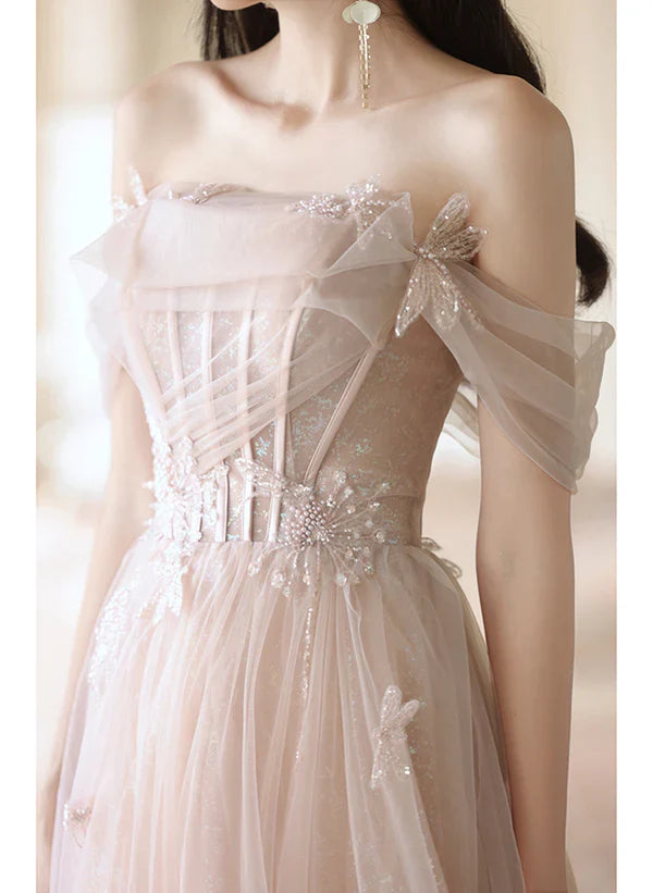 A-Linie Prinzessin schulterfrei Tüll langes formelles schulterfreies pinkes langes Ballkleid