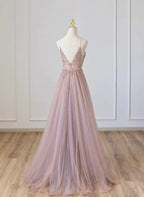 V-neckline Beaded Spaghetti Strap Floor Length Party Dress Long Formal Dress