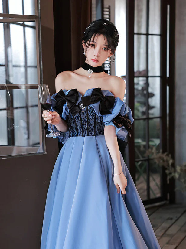 Satin Off Shoulder Schwarzes Spitzen-Partykleid A-Linie Blaues Ballkleid Abendkleid