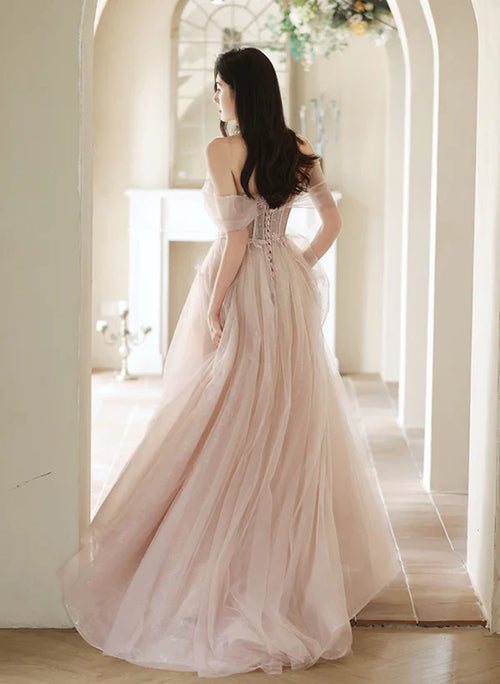 A-Line Princess Off Shoulder Tulle Long Formal Off Shoulder Pink Long Prom Dress