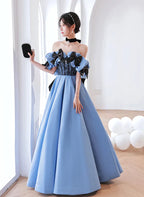 Satin Off Shoulder Schwarzes Spitzen-Partykleid A-Linie Blaues Ballkleid Abendkleid