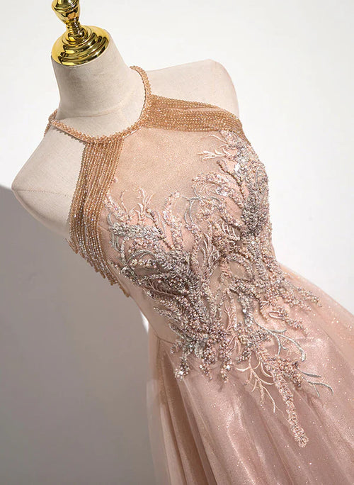 A-Line Princess Lovely Pearl Halter Tulle With Lace Applique Party Dress Tulle Long Prom Dress