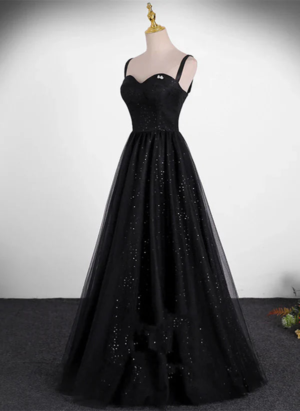 Vestido de noche largo sencillo con tirantes de tul, lentejuelas/brillos y corte en A para fiesta de graduación