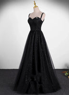 Vestido de noche largo sencillo con tirantes de tul, lentejuelas/brillos y corte en A para fiesta de graduación
