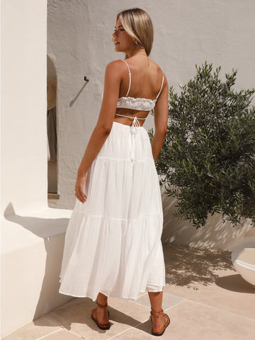 Vestido blanco con tirantes finos escalonados, aberturas y cordones, vestidos midi informales de verano 