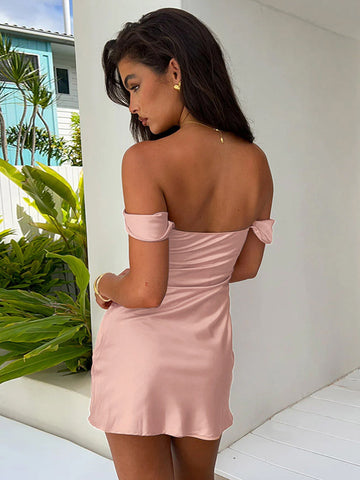 Sommerkleid Minikleider Rosa Bateau-Ausschnitt Satin Stoff Strandkleid 