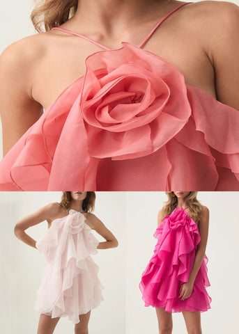 Orangefarbenes, geblümtes, ärmelloses Spaghettiträgerkleid aus Baumwolle mit kalter Schulter 