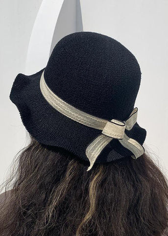 Sombrero de pescador tejido de paja con patchwork y lazo negro DIY 