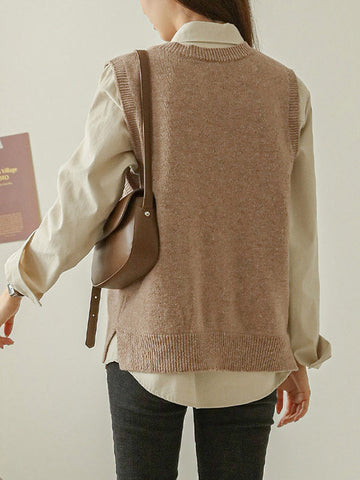 Suéter informal holgado sin mangas de color liso con cuello en V 