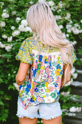 fresh green floral bubble sleeve blouse