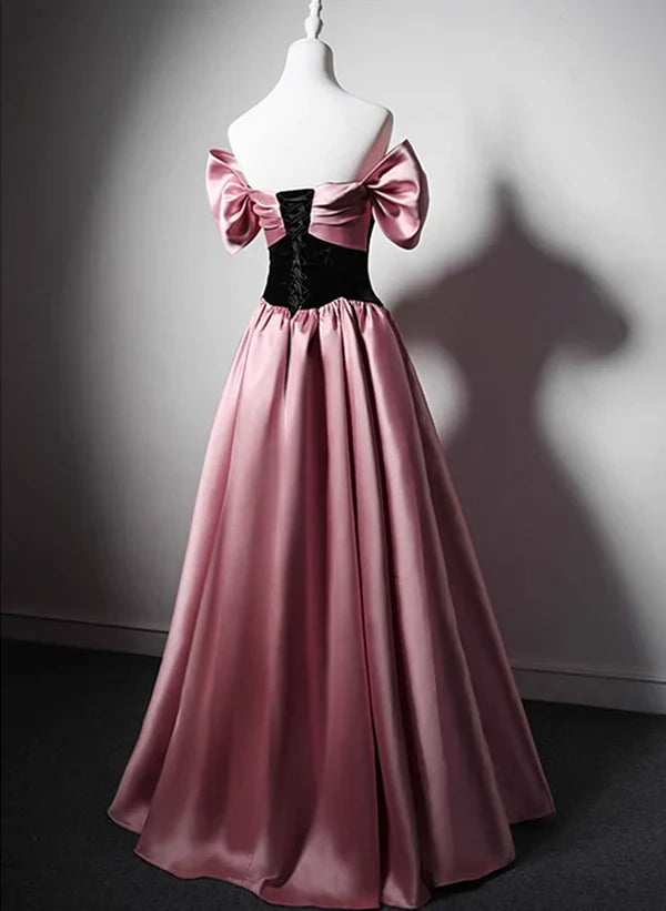Vestido de fiesta largo de satén con hombros descubiertos y corte A en rosa y negro