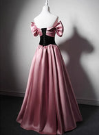 Vestido de fiesta largo de satén con hombros descubiertos y corte A en rosa y negro