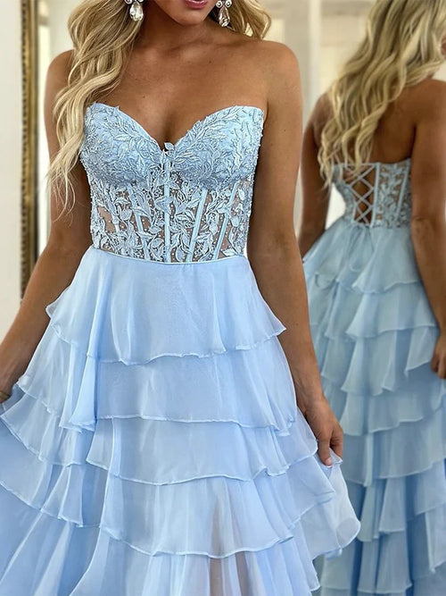 A-Line Sweetheart Neck Lace Chiffon Long Prom Dress